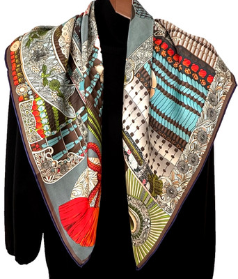 35''X35''Samurai Print Pure Mulberry Twill Silk 18momme Double-sided Scarf88x88cm