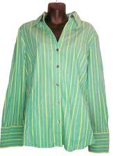 attention Women's XXL Green Stripe Button Down V-Neck Shirt