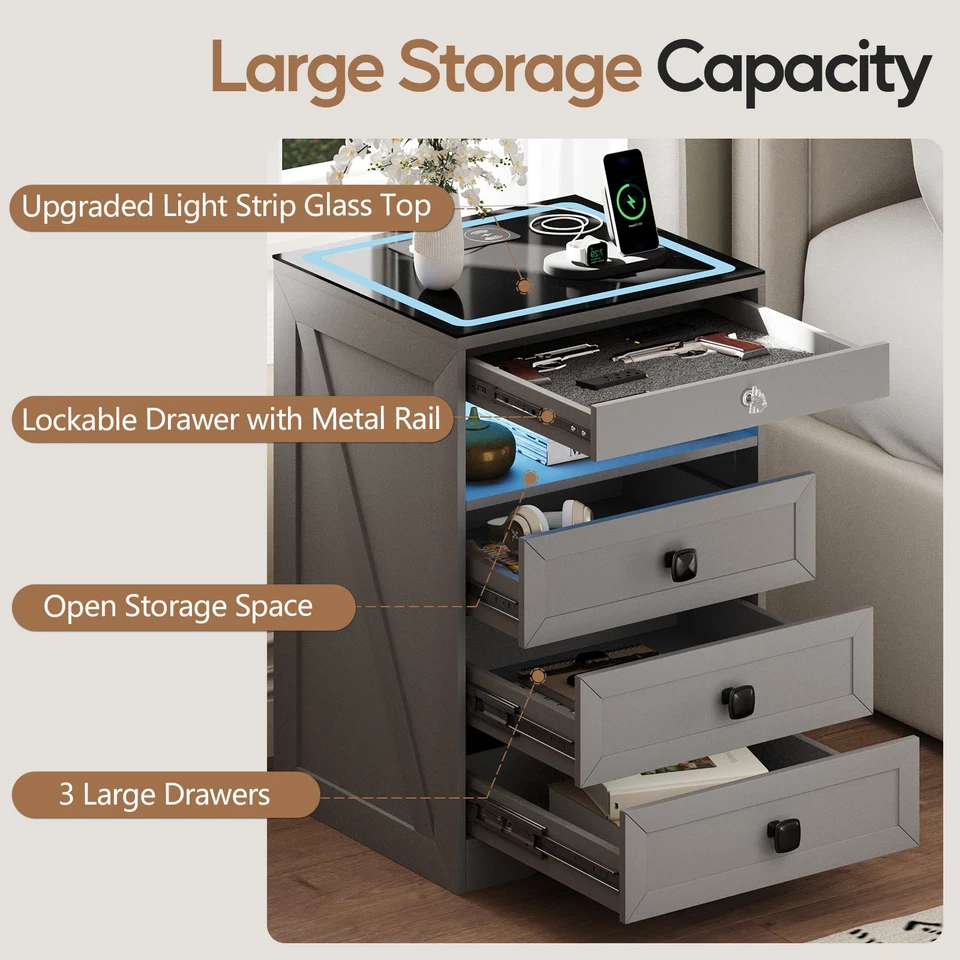 Mesita de Noche Gurexl con Cajón para Pistola y Estación de Carga - 3 Luces LED Colores, Gris Foto 4 de 4