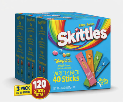 Skittles Singles To Go Tropical Drink Mix Variety Pack, (40X3) Zero Sugar Sticks