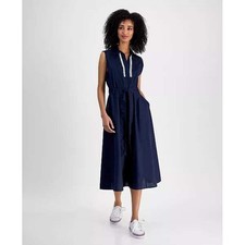 Tommy Hilfiger Womens Sleeveless Maxi Dress Navy Blue Tie Waist Collared Size XL