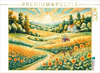 CALVENDO Puzzle Landschaft mit Sonnenblumenfeld im Morgenlicht | 1000 Teile Lege