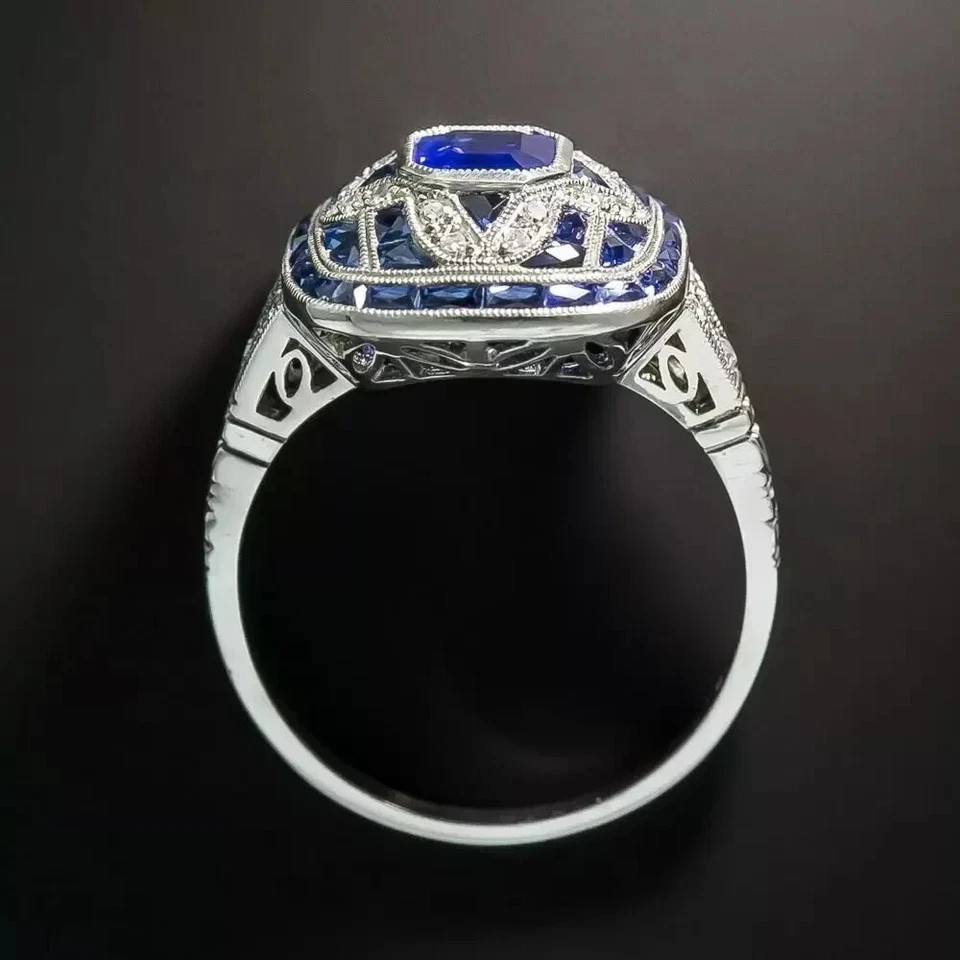 Art Deco Style Lab Created Sapphire Wedding & Engagement 14k White FN Gold Ring