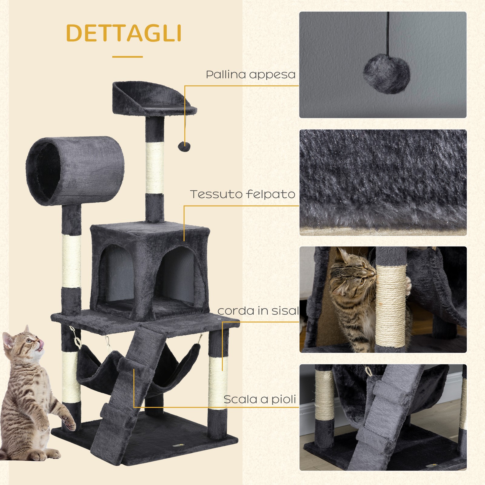 Albero Per Gatti Con Tiragraffi Per Gatti, Casetta Per Gatti, Amaca, Letto, Tunn foto 6