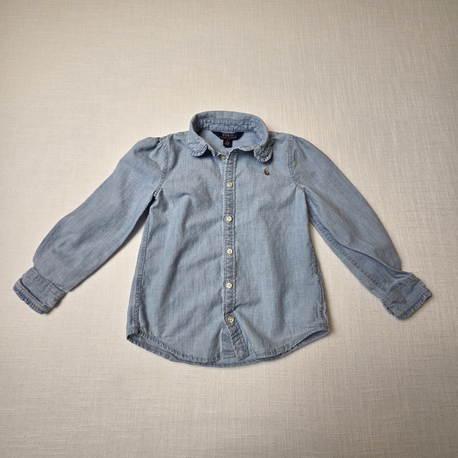 Polo Ralph Lauren Girls 5 Indigo Cotton Chambray Shirt Peter Pan Collar Logo
