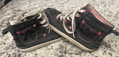 Roxy Girls Size 2 Bobbie Gray Pink & Denim Look High Top Lace-Up Shoes Sneakers