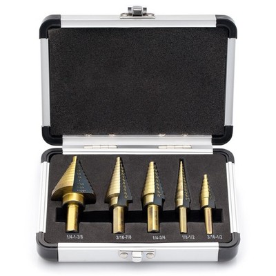 5 Piece SAE Multiple Hole 50 Sizes HSS Step Drill Bit Set with Aluminum Case ...