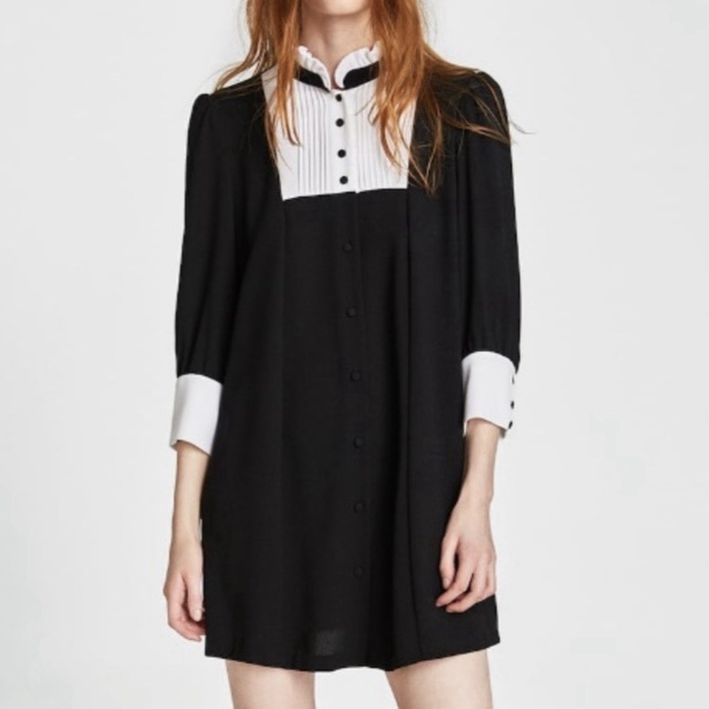 Zara Women’s Mini Dress Black & White Contrasting Collar & Cuffs A-Line Size XL