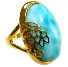 Natural Blue Larimar Ring Size 6.75 18K Rose Gold Over 925 Silver Handmade