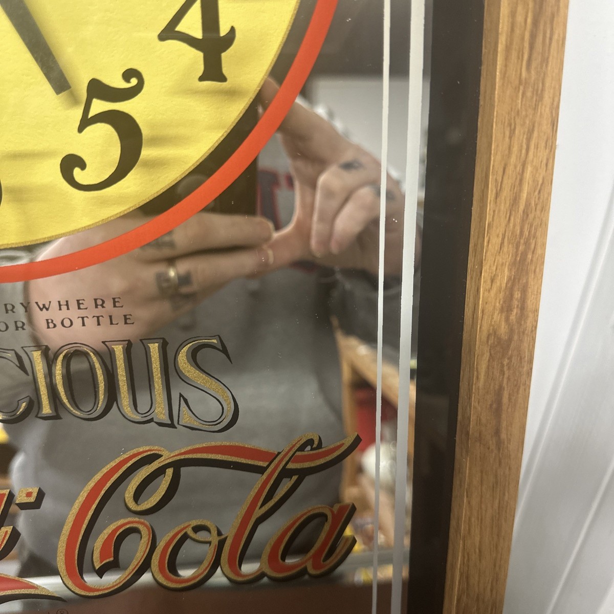 Vintage Coca Cola Mirrored Wall Clock Wood 25x13 Battery Powered