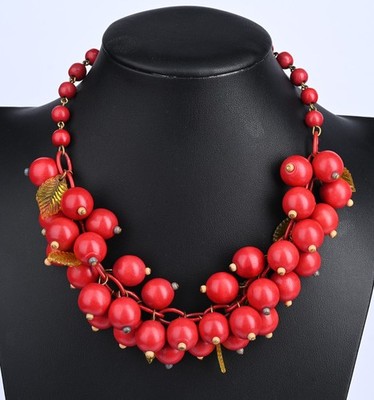 Vintage Red Berry Cluster Necklace Leaf Accents 16'' Statement