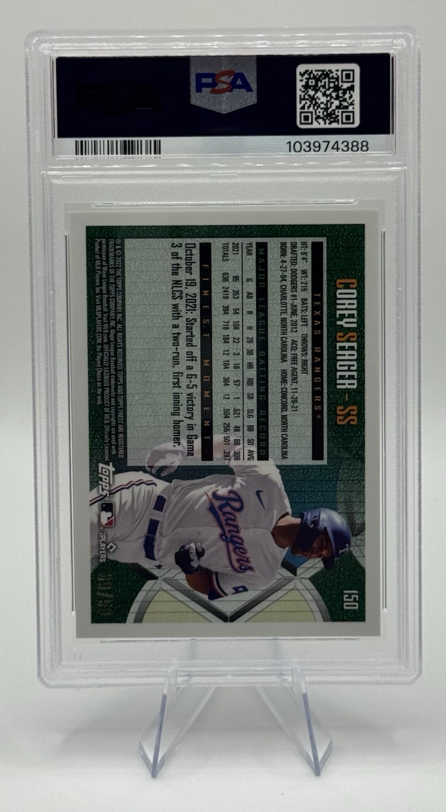 2022 Topps Finest Flashbacks Corey Seager #150 Gold Refractor /50 PSA 9 Rangers view 2