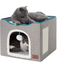 Stylish Indoor Cat House - Spacious 16.5" Foldable Cat Bed with Scratch Pad