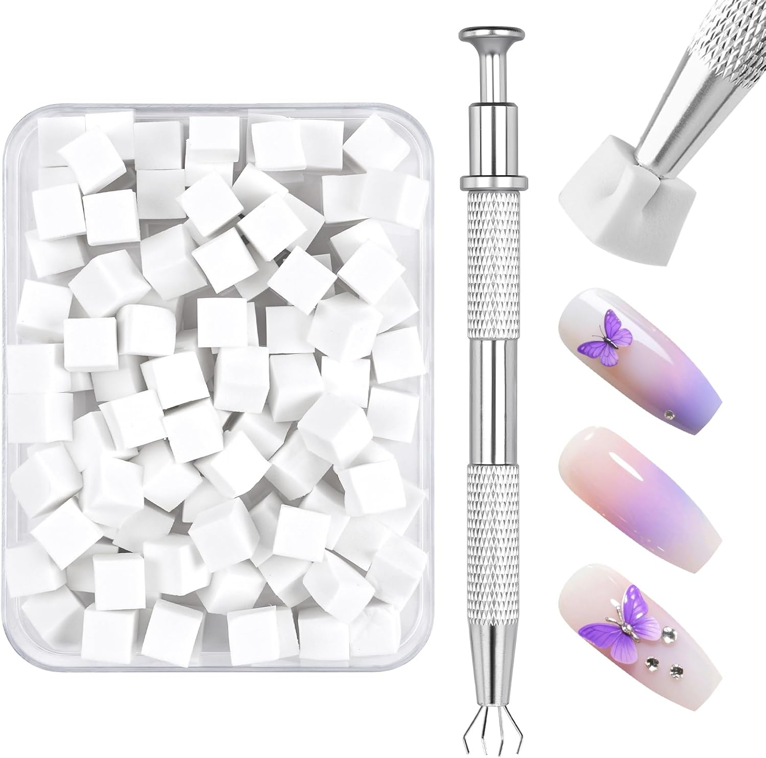 100 PCS Nail Sponges for Ombré, Nail Art Spong with 1 Metal Grabber Nails Art To