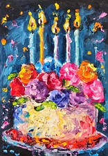 Birthday Cake Oil Painting 15x20cm Cake Art Oil Painting on Canvas Fabric