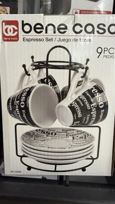 Bene Casa 9pc Espresso Cup & Saucer Set Ceramic Black/White Text w/ Stand