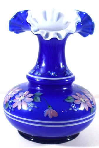 Vintage 1994 FENTON COBALT Blue OVERLAY Vase HAND Painted Decorations CV056 6"