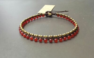 Red Jade Stone Mini Brass Woven Bracelet Anklet, Beaded Bracelet,