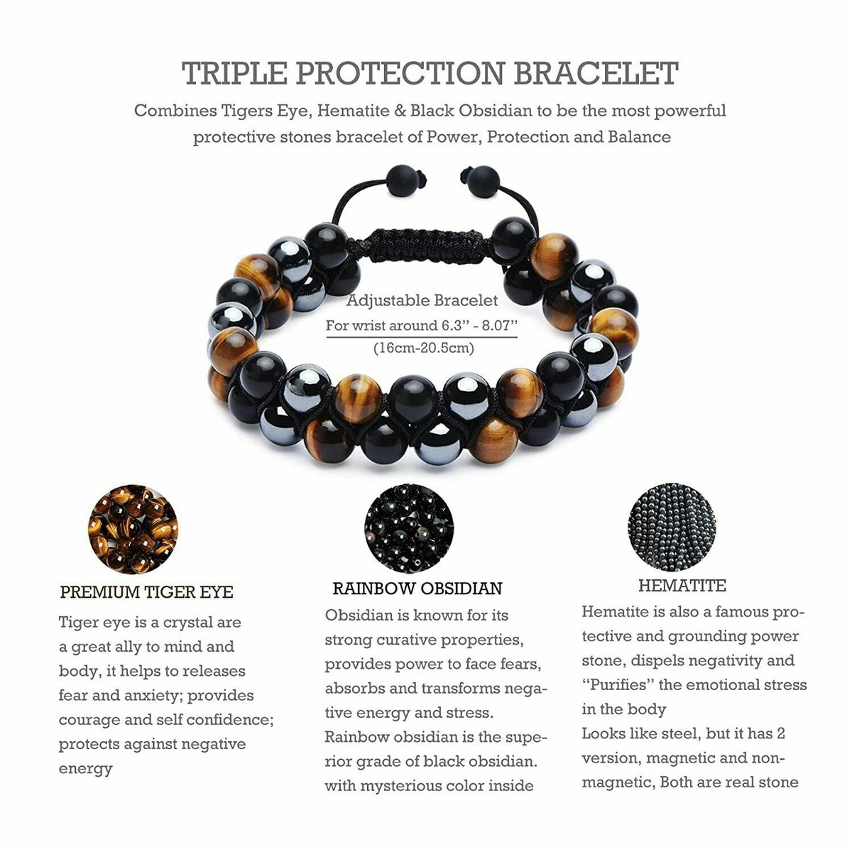 Evil Eye Bracelets(evil Eye, Tigers Eye,hematite, Obsidian)A Handmade Beaded Crystal Healing Bracelet That Can Bring Luck, Happiness And Protection(10mm Elastic - View #4