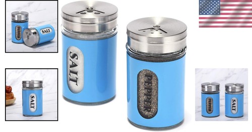 Durable Blue Stainless Steel and Glass Spice Shakers with Adjustable Pour Holes - Picture 2 of 10