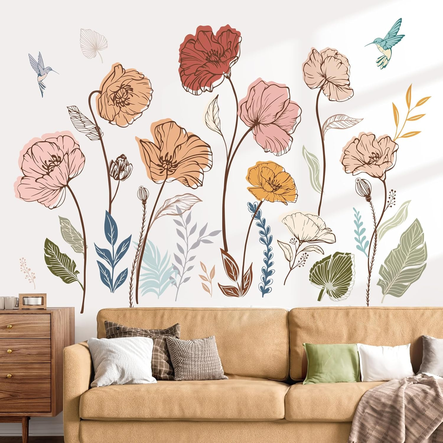 Boho Flower Wall Stickers Floral Leaves Grass Peel and Stick Wall Art Decals for