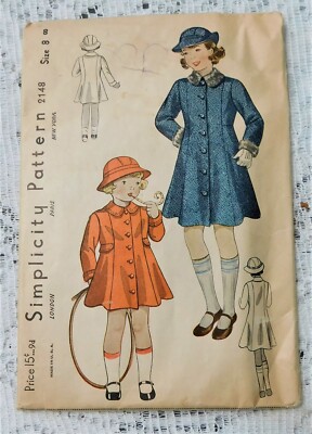 Complete Vintage 1947 Simplicity Pattern 2148 Girl's Coat and Hat ...