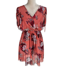Blue Rain Mesh Floral Mini Fit & Flare Dress Women Size M V-Nek Short Sleeve