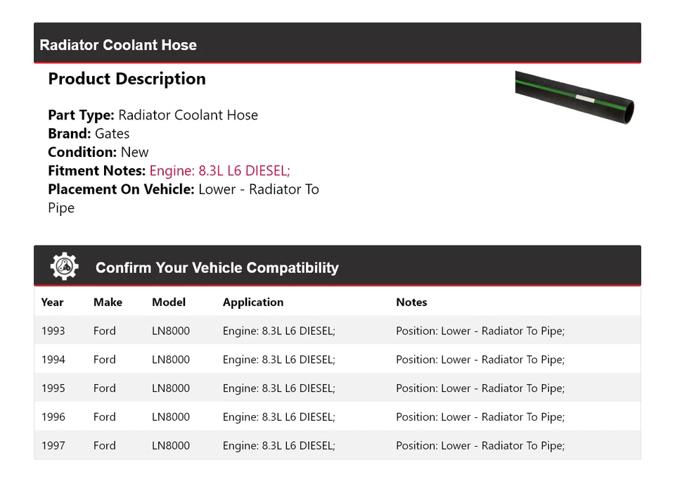 Manguera de refrigerante inferior para radiador Ford LN8000 1993-1997 - puertas de radiador a tubería Foto 2 de 4