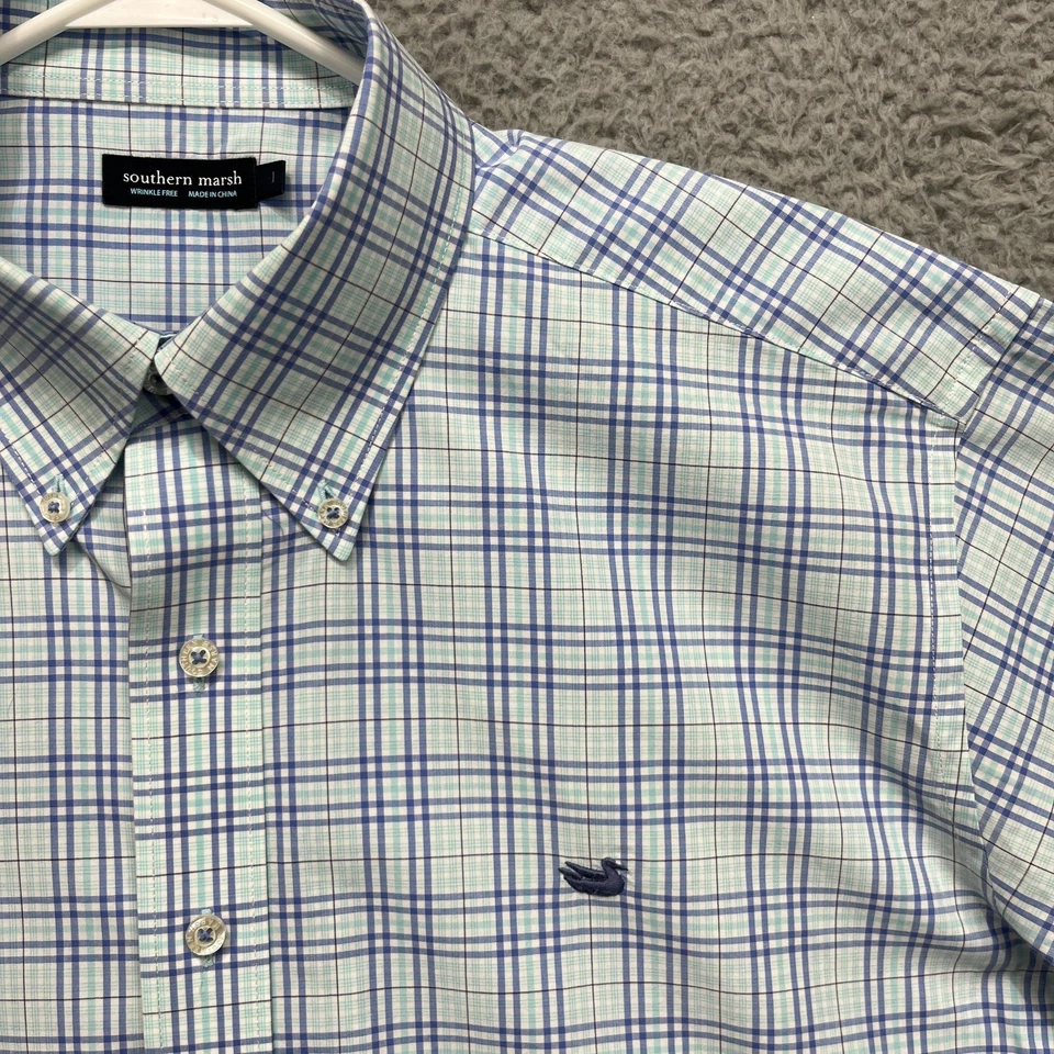 Camisa Southern Marsh Para Hombre Grande Azul Verde A Cuadros Sin Arrugas Abotonada Foto 3 de 4