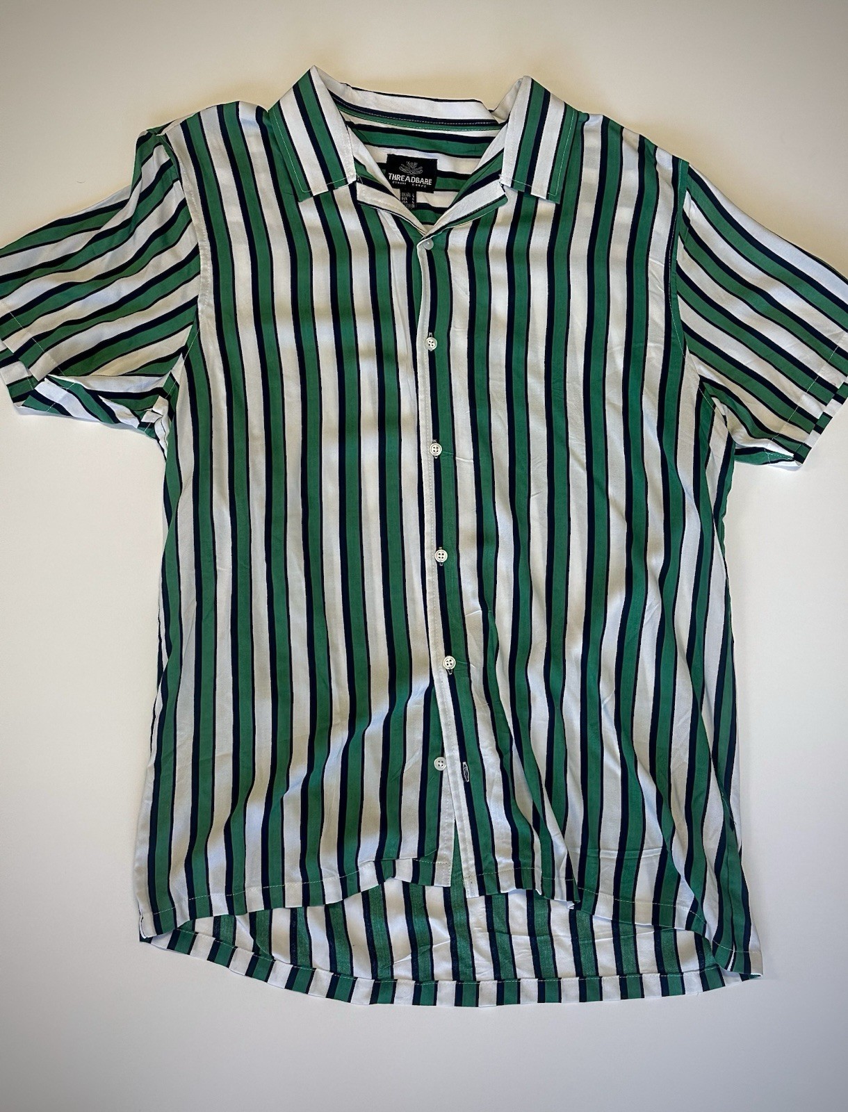 THREADBARE GREEN WHITE BLACK Striped Button Up Sh… - image 1