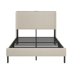 Full Size Beige Platform Bed: Charging Station, Noise-Free Design