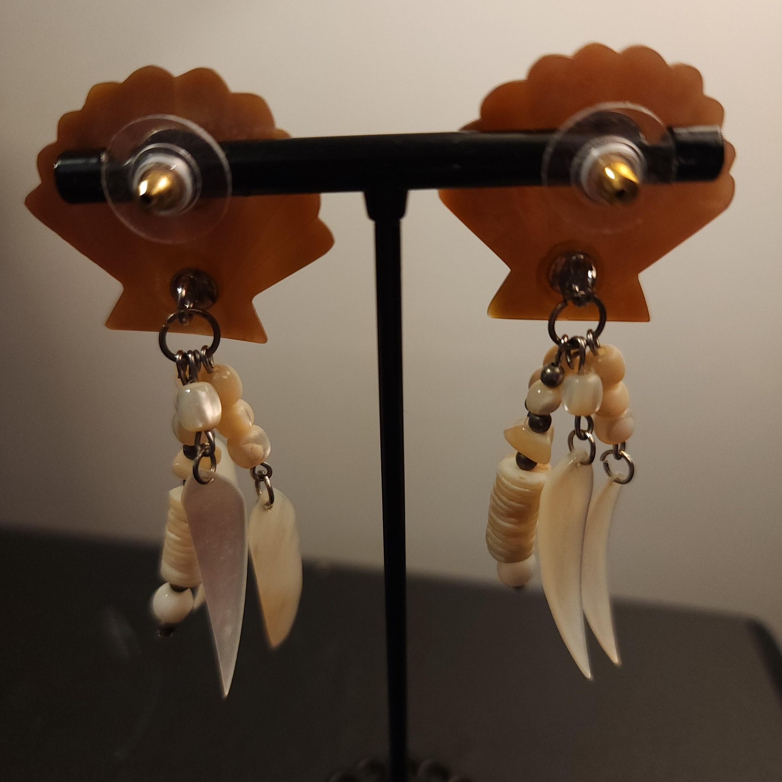 Seashell Dangle Earrings Brown Shell Top Beads Wh… - image 2