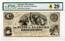 1864 $100 Montgomery, Alabama Obsolete Note State of Alabama PMG VF-20 GCC Gold