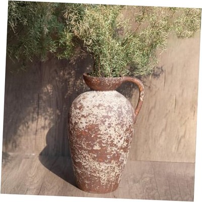 Ceramic Rustic Farmhouse Vase Jug Pitcher with Handle, Distressed Antique Brown