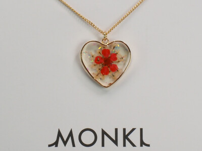 Monki   Laria   Herz-Halskette mit gepressten Blumen in Gold, NEU; K87 234