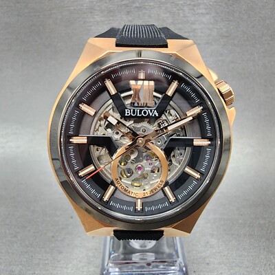 Bulova Maquina Automatic Watch Men 46mm Skeleton Dial Rose Gold Tone Round