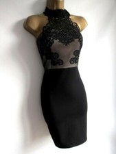 Lipsy Bodycon Dress 10 Black Halter Embroidered Party Occasion Evening Club