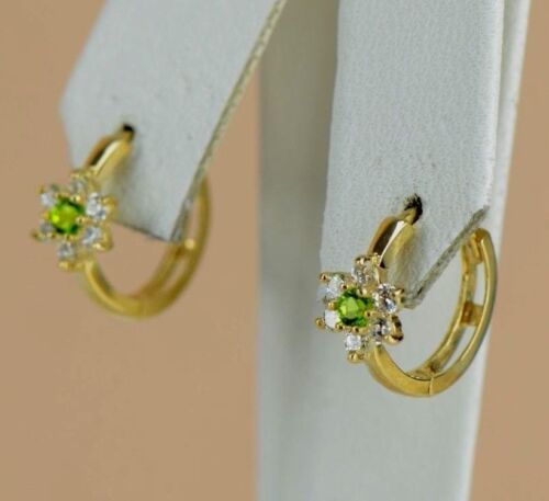 Boucles d'oreilles cerceau fleur or jaune 14 carats pierre de naissance - Photo 1 sur 24