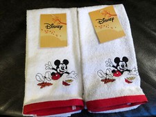 2 NEW Disney Mickey Mouse Fall Harvest Autumn Leaves Hand Towels White