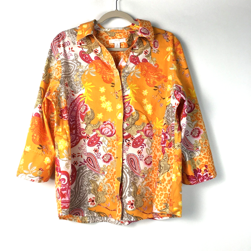 Chico’s No iron Multicolor Floral Paisley Print Hidden Button-Down Women's 3/XL