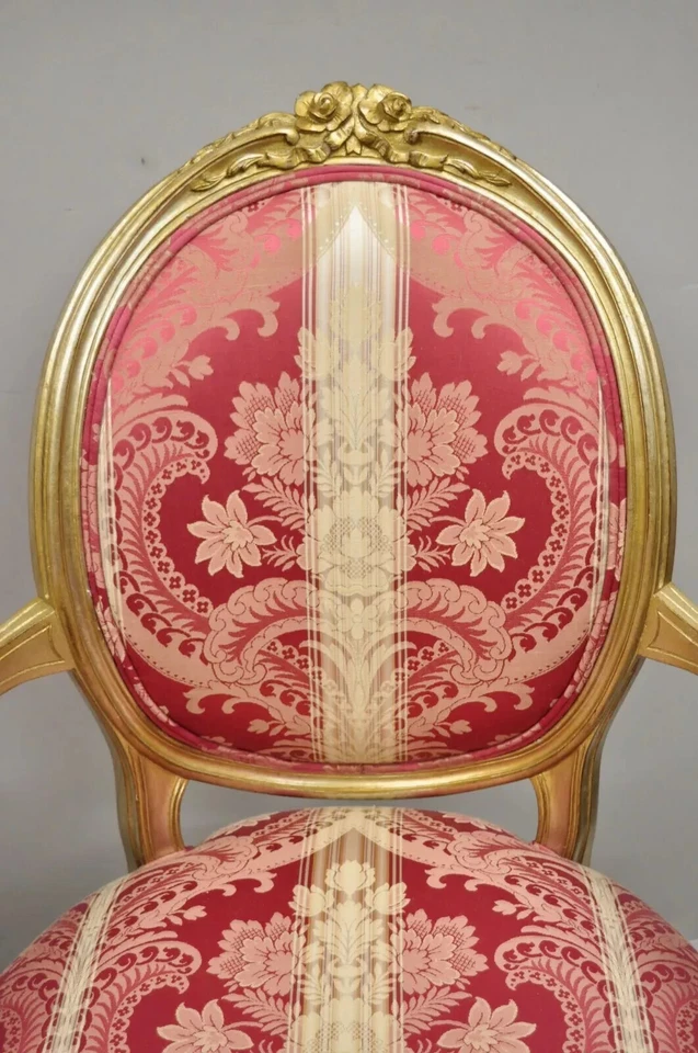 Sillones franceses estilo Luis XVI plata oro rosa damasco ovalados con respaldo - Par Foto 3 de 4