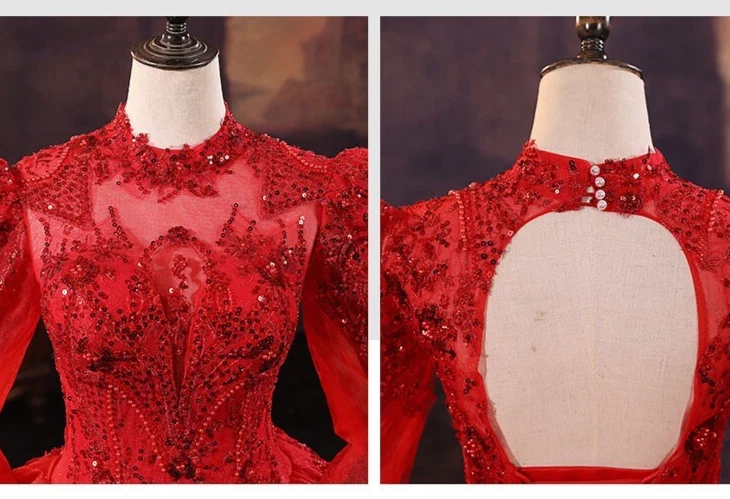 Vestido de baile de manga larga con lentejuelas rojas cuello alto vestido de novia formal ropa de novia Foto 3 de 4