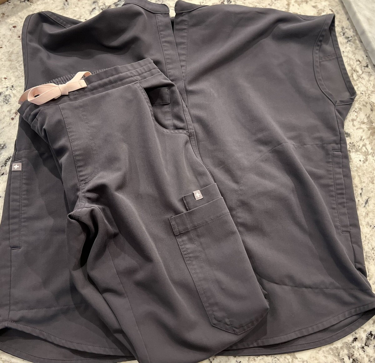 figs scrub set dk grey with lt ￼ pink tie - Rafela Top Sz Xs Yola