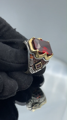 Men Simulated Ruby Red Stone Ring 925 Sterling Silver Ring