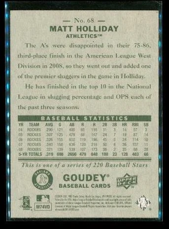 2009 UPPER DECK GOUDEY Baseball Trading Card #68 MATT HOLLIDAY Oakland A's - Image 2 of 2