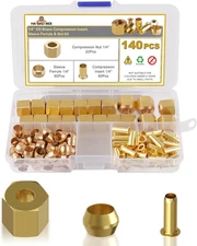 140PCS Compression Fittings Assortment Kit 1/4" of Brass Sleeve Ferrule Insert &