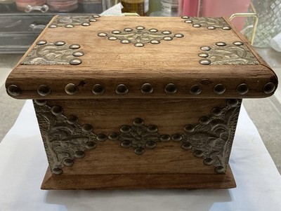 Vintage Handmade Zanzibar Style Chest Jewelry Trinket Box Brass Studded 4.75x7''