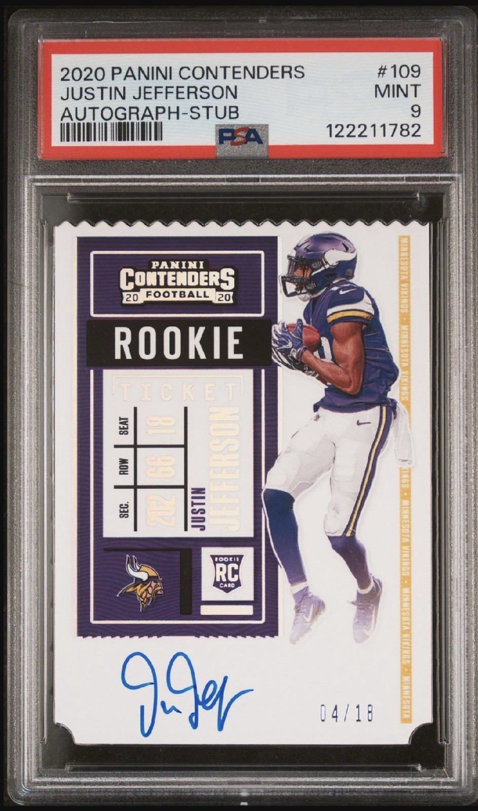 2020 Contenders Rookie Ticket Stub Auto #8/18 Justin Jefferson PSA 9