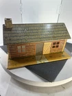 Vintage Lithographed Tin Log Cabin Dollhouse Toy Cabin Open Back w/ Chimney