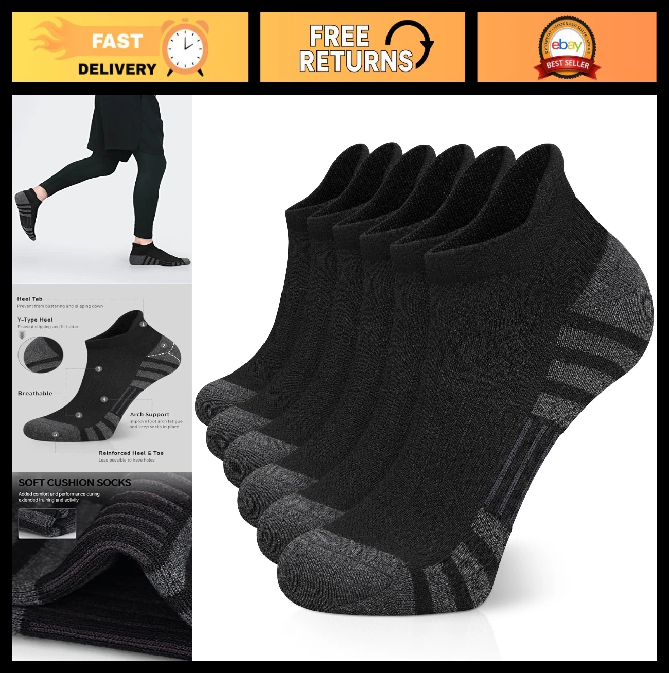 Cushioned Breathable Low Cut Ankle Running Socks for Men & Women - 6 Pairs